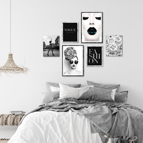 Novart Wandbilder Set Fashion Schwarz Weiss - KEIN EXTRA RAHMEN BENÖTIGT -  Modern Deko  - Wohnzimmer Mädchen Teenager N015563a