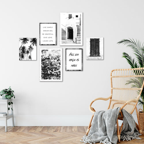 Novart Wandbilder Set Alte Stadt Palmen Schwarz Weiss - KEIN EXTRA RAHMEN BENÖTIGT -  Modern Deko  - Wohnzimmer Schlafzimmer N015063a