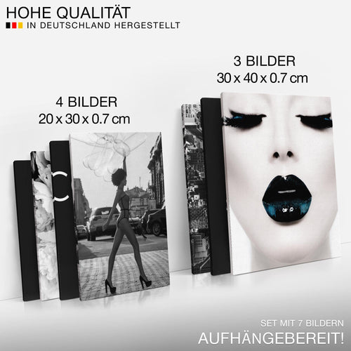 Novart Wandbilder Coco - KOMPLETT AUFHÄNGFERTIG - Schwarz Weiss Wohnzimmer Mädchen Teenager - 7 Moderne Mood-Bilder - N016371b