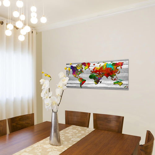 Runa Art Wandbild Weltkarte 1 Teilig 100 x 40 cm Modern Bild auf Vlies Leinwand Vintage Holz Büro Wohnzimmer Bunt 105412a