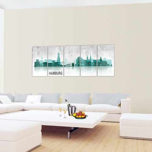 Runa Art Wandbild Hamburg 1 Teilig 100 x 40 cm Modern Bild auf Vlies Leinwand Abstrakt Wohnzimmer Schlafzimmer Türkis Grau 035912b