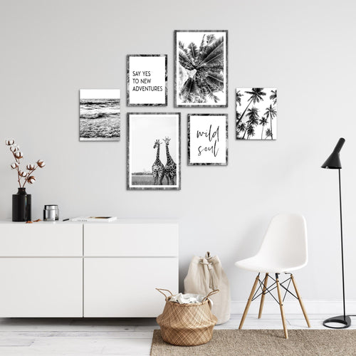 Novart Wandbilder Set Giraffen Palmen Schwarz Weiss - KEIN EXTRA RAHMEN BENÖTIGT -  Modern Deko  - Wohnzimmer Schlafzimmer N014363a