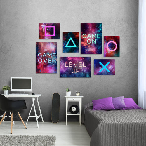 Novart Wandbilder Spielkonsole - KOMPLETT AUFHÄNGFERTIG - Gamer Kinderzimmer Junge Teenager - 7 Moderne Mood-Bilder - N021471a