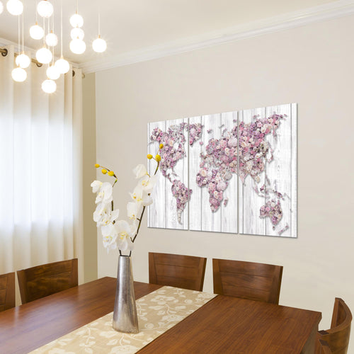 Runa Art Wandbilder Weltkarte Blumen Bild XXL Wohnzimmer Schlafzimmer Grau Rosa Steinwand 120 x 80 cm 3 Teilig 023231a