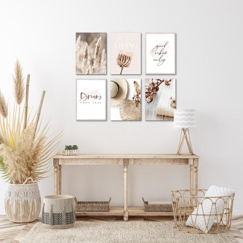 Novart Wandbilder - KEIN EXTRA RAHMEN BENÖTIGT - Wohnzimmer Schlafzimmer - Bilder Modern Boho Pampasgras - Beige Rosa - N006665a