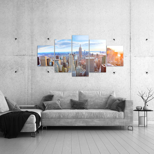 Runa Art Bild Wohnzimmer Büro New York Skyline 5 Teilig USA Grau Rosa Wandbilder auf Vlies Leinwand 010253b