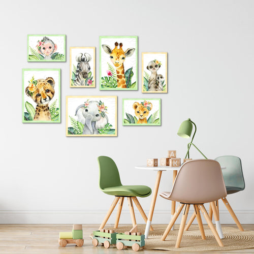 Novart Wandbilder Tiere Afrika - KOMPLETT AUFHÄNGFERTIG - Grau Kinderzimmer Mädchen Junge - 7 Moderne Mood-Bilder - N017371b