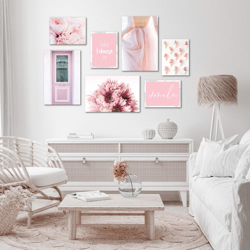 Novart Wandbilder Fashion - KOMPLETT AUFHÄNGFERTIG - Rosa Wohnzimmer Mädchen Teenager - 7 Moderne Mood-Bilder - N020471a