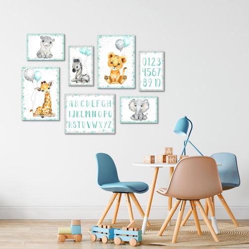 Novart Wandbilder Tiere - KOMPLETT AUFHÄNGFERTIG - Afrika Rosa Kinderzimmer Mädchen - 7 Moderne Mood-Bilder - N016671a