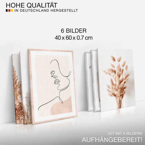 Novart Wandbilder Set Boho Pampasgras - KOMPLETT AUFHÄNGFERTIG - Made in Germany - Moderne Bilder  Wohnzimmer Schlafzimmer - N022164a