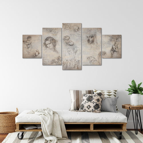 Runa Art - Bilder Berühmte Maler 200 x 100 cm 5 Teilig XXL Wanddekoration Design Skizzen Beige 010351a