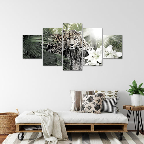 Runa Art Wandbilder Afrika Leopard 5 Teilig Bild auf Vlies Leinwand Deko Wohnzimmer Schlafzimmer Raubkatze Dschungel Grün 006752b