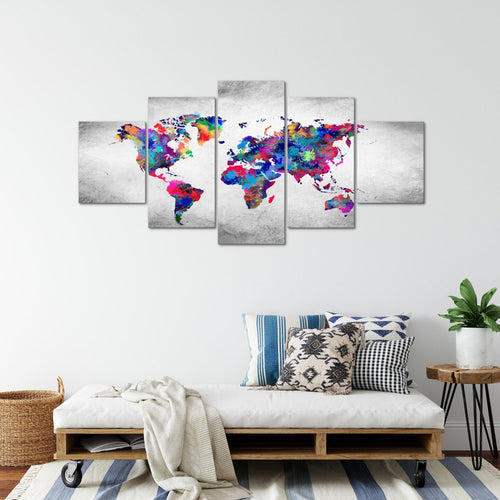 Runa Art - Bilder Weltkarte 200 x 100 cm 5 Teilig XXL Wanddekoration Design Rosa Grau 013351c