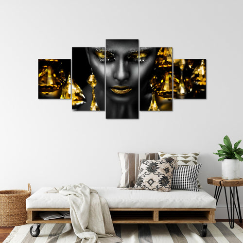 Runa Art Wandbilder Frau Gesicht Lippen 5 Teilig Bild auf Vlies Leinwand Deko Wohnzimmer Schlafzimmer Kosmetik Fashion Grün Gold 042152b