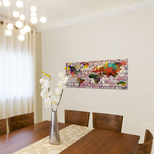 Runa Art Wandbild Weltkarte 1 Teilig 100 x 40 cm Modern Bild auf Vlies Leinwand Steinoptik Ziegel Büro Wohnzimmer Bunt 106912a