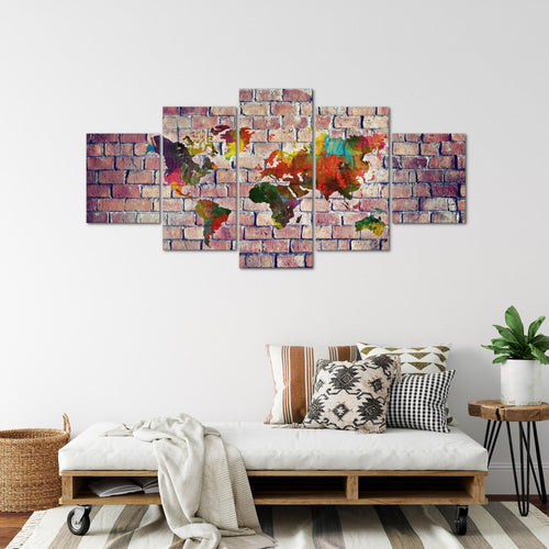 Runa Art Bild Büro Wohnzimmer Weltkarte 5 Teilig Steinwand Grau Bunt Wandbilder auf Vlies Leinwand 106953b