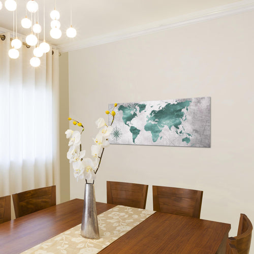 Runa Art Wandbild Weltkarte 1 Teilig 100 x 40 cm Modern Bild auf Vlies Leinwand Vintage Büro Wohnzimmer Grün Grau 026012c