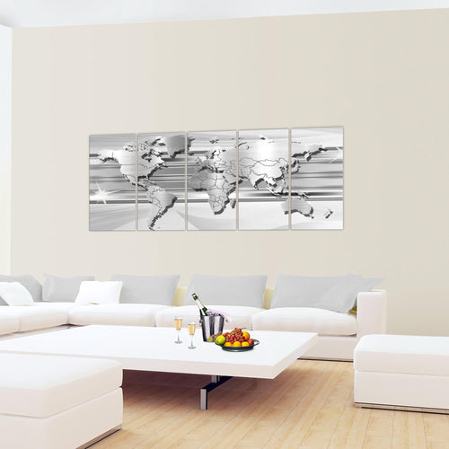 Runa Art Wandbild XXL Weltkarte Büro Wohnzimmer 200 x 80 cm Grau 5 Teilig - Made in Germany - 107955b
