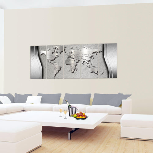 Runa Art Wandbild XXL Weltkarte Büro Wohnzimmer 200 x 80 cm Grau 5 Teilig - Made in Germany - 107255c