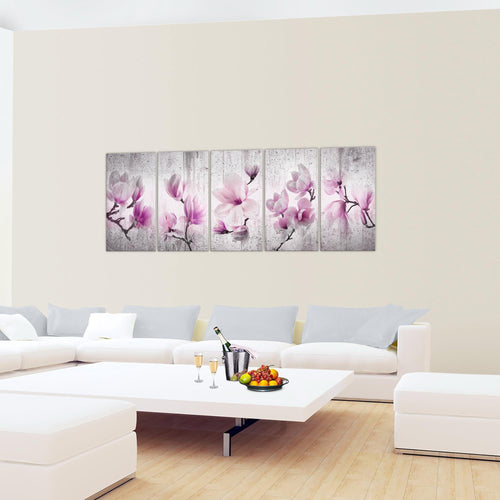 Runa Art Wandbild Blumen Magnolien 1 Teilig 100 x 40 cm Modern Bild auf Vlies Leinwand Abstrakt Wohnzimmer Grau Rosa 007712b