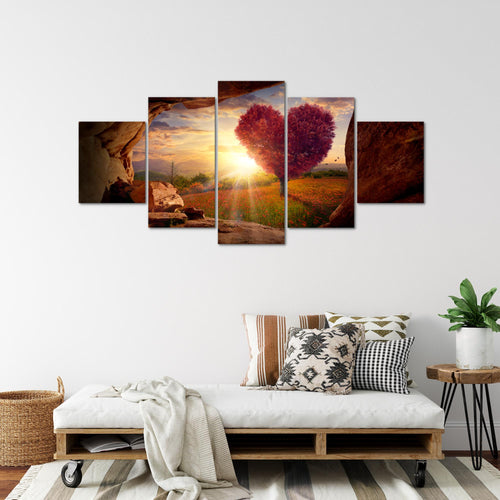 Runa Art Bild Wohnzimmer Schlafzimmer Natur Gebirge 5 Teilig Baum Herz Beige Rosa Wandbilder auf Vlies Leinwand 607653c