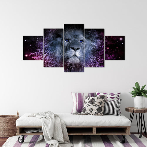 Runa Art - Bilder Afrika Löwe 200 x 100 cm 5 Teilig XXL Wanddekoration Design Schwarz Türkis 040751b