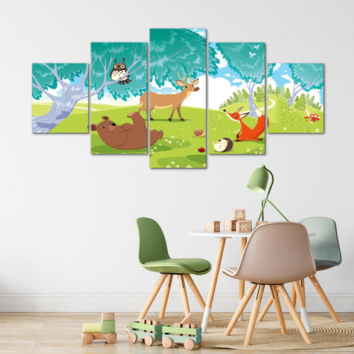 Runa Art Bild Spielzimmer Baby Waldtiere 5 Teilig Kinderzimmer Junge Mädchen Wandbilder auf Vlies Leinwand 001853c