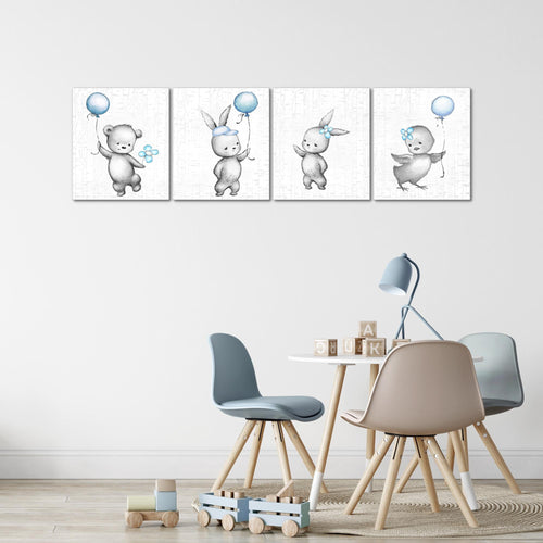 Runa Art Bilder Set 4 Teilig Kinderzimmer Tiere Wandbilder XXL Babyzimmer Spielzimmer 160 x 50 cm Blau Grau Modern 017846c