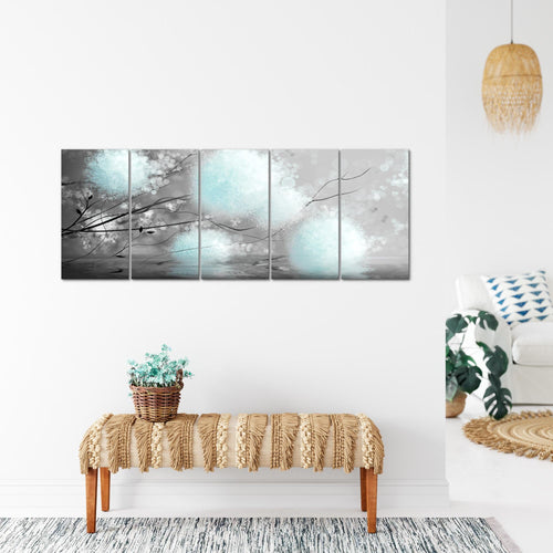 Runa Art Wandbild XXL Pusteblumen Wohnzimmer Schlafzimmer 200 x 80 cm Grau Türkis 5 Teilig - Made in Germany - 044255c