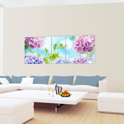 Runa Art Wandbild XXL Blumen Hortensien Wohnzimmer Schlafzimmer 200 x 80 cm Bunt 5 Teilig - Made in Germany - 017555b