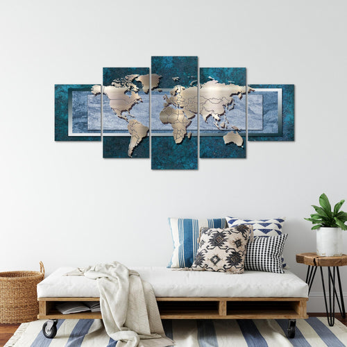 Runa Art - Bilder Weltkarte 200 x 100 cm 5 Teilig XXL Wanddekoration Design Blau 106751c