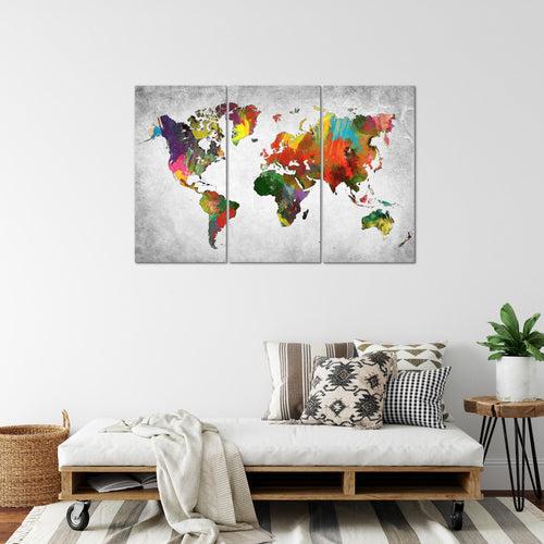 Runa Art Wandbilder Weltkarte Bild XXL Büro Wohnzimmer Bunt Grün Kontinente 120 x 80 cm 3 Teilig 105131b