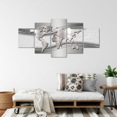 Runa Art - Bilder Weltkarte 200 x 100 cm 5 Teilig XXL Wanddekoration Design Silber 107251b