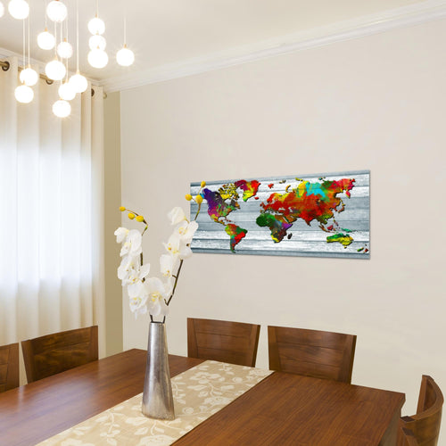 Runa Art Wandbild Weltkarte 1 Teilig 100 x 40 cm Modern Bild auf Vlies Leinwand Vintage Holz Büro Wohnzimmer Bunt 105412a