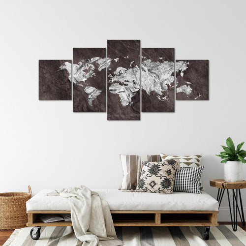 Runa Art Bild Büro Wohnzimmer Weltkarte 5 Teilig Kontinente Schwarz Weiss Wandbilder auf Vlies Leinwand 002953a