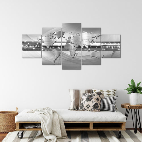 Runa Art - Bilder Weltkarte 200 x 100 cm 5 Teilig XXL Wanddekoration Design Grau 109351c