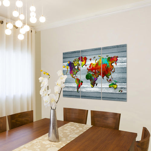 Runa Art Wandbilder Weltkarte Bild XXL Büro Wohnzimmer Bunt Kontinente Holz 120 x 80 cm 3 Teilig 105431c