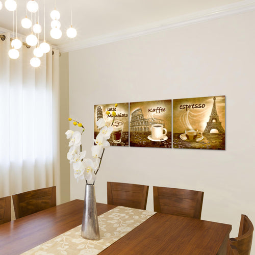 Runa Art - Bilder Küche Kaffee 120 x 40 cm 3 Teilig Wandbild auf Vlies Leinwand Braun Mehrteilig Modern 500733a