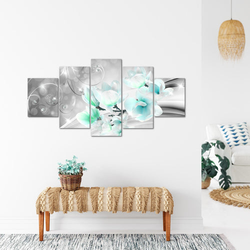 Runa Art Bild Wohnzimmer Schlafzimmer Blumen Abstrakt 5 Teilig Diamant Grau Türkis Wandbilder auf Vlies Leinwand 035353c