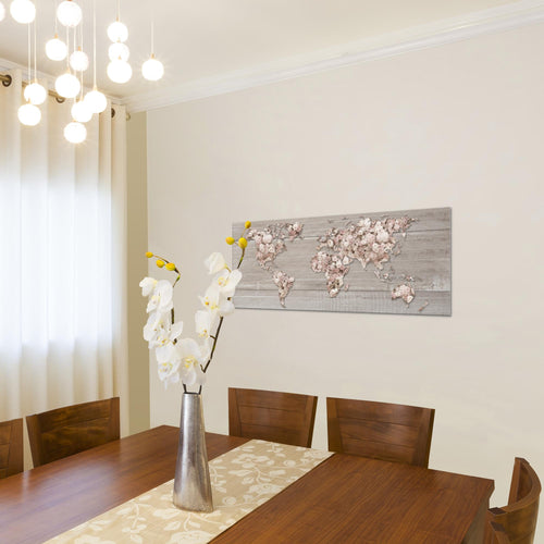 Runa Art Wandbild Weltkarte Blumen 1 Teilig 100 x 40 cm Modern Bild auf Vlies Leinwand Vintage Wohnzimmer Grau Rosa 023212b