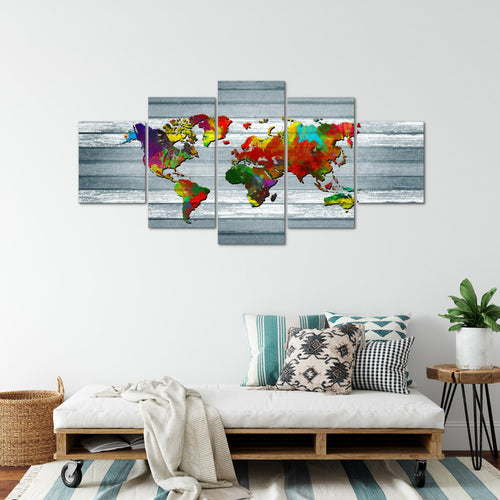 Runa Art Wandbilder Weltkarte 5 Teilig Bild auf Vlies Leinwand Deko Büro Wohnzimmer Kontinente Holz Bunt 105452b