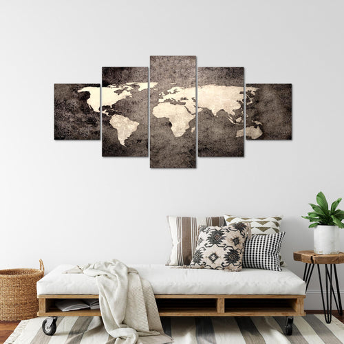 Runa Art Bild Büro Wohnzimmer Weltkarte 5 Teilig Vintage Antik Braun Wandbilder auf Vlies Leinwand 101753c