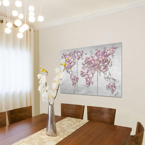 Runa Art Wandbilder Weltkarte Blumen Bild XXL Wohnzimmer Schlafzimmer Grau Rosa Steinwand 120 x 80 cm 3 Teilig 023231a
