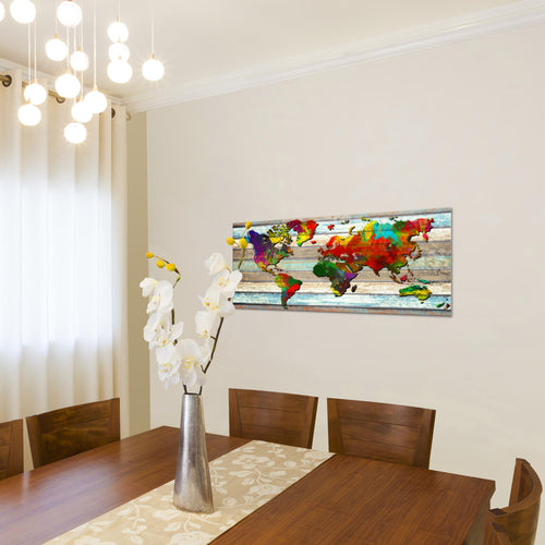 Runa Art Wandbild Weltkarte 1 Teilig 100 x 40 cm Modern Bild auf Vlies Leinwand Vintage Holz Büro Wohnzimmer Bunt 105412a