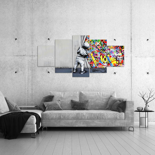 Runa Art Wandbilder Boy Behind the curtain 5 Teilig Bild auf Vlies Leinwand Deko Loft Wohnzimmer Streetart Graffiti Bunt 043552a