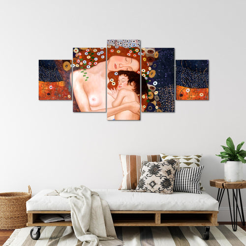 Runa Art Wandbilder Gustav Klimt Mutter und Kind 5 Teilig Bild auf Vlies Leinwand Deko Wohnzimmer Frau Braun 700252a