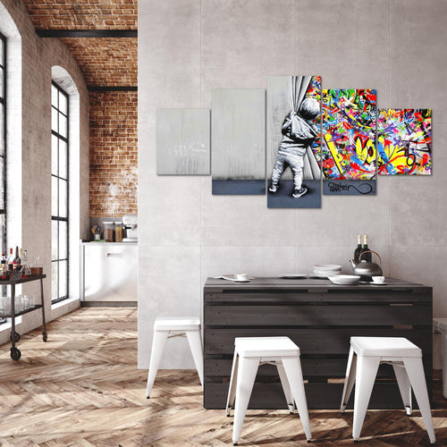 Runa Art Bild Loft Wohnzimmer Boy Behind the curtain 5 Teilig Streetart Graffiti Bunt Wandbilder auf Vlies Leinwand 043553a