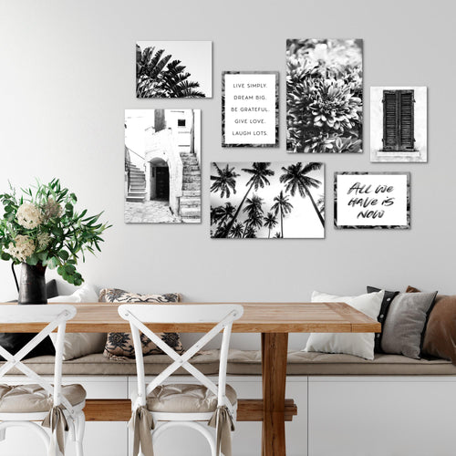 Novart Wandbilder Alte Stadt Palmen - KOMPLETT AUFHÄNGFERTIG - Schwarz Weiss Wohnzimmer Schlafzimmer - 7 Moderne Mood-Bilder - N015071a