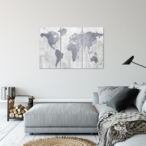 Runa Art Wandbilder Weltkarte Bild XXL Büro Wohnzimmer Grau Landkarte Beton 120 x 80 cm 3 Teilig 104331c