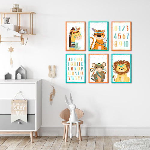Novart Wandbilder - KEIN EXTRA RAHMEN BENÖTIGT - Kinderzimmer Mädchen Junge - Bilder Modern Tiere - Indianer - N000265b